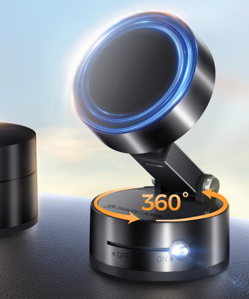 Magnetic 360° rotatable phone holder with suction cup.